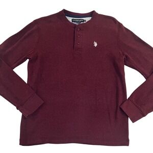 Y2K Inspired US Polo Logo Mens Long Sleeve Henley Burgundy Waffle Knit Size M